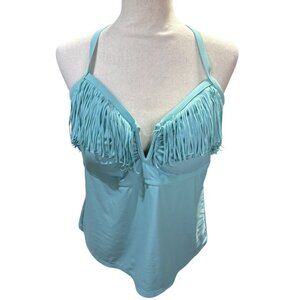 Collections by Catalina Tankini Swim Top Plus 1X 16W  Fringe Teal Cream Beach